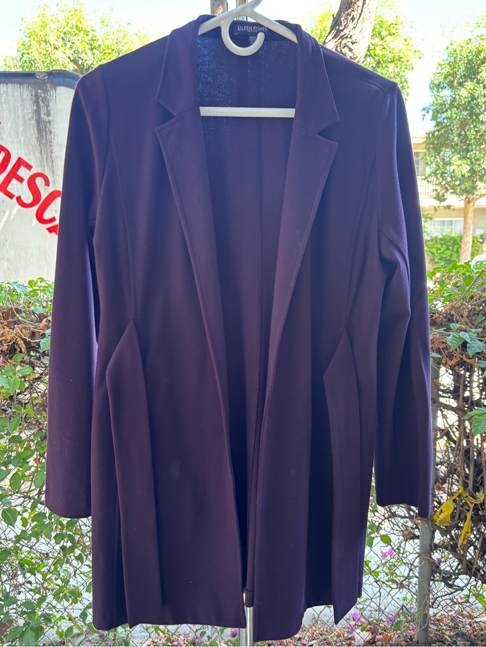 Eileen Fisher Eggplant Purple Open Front High Collar Blazer Jacket Tie Waist PS